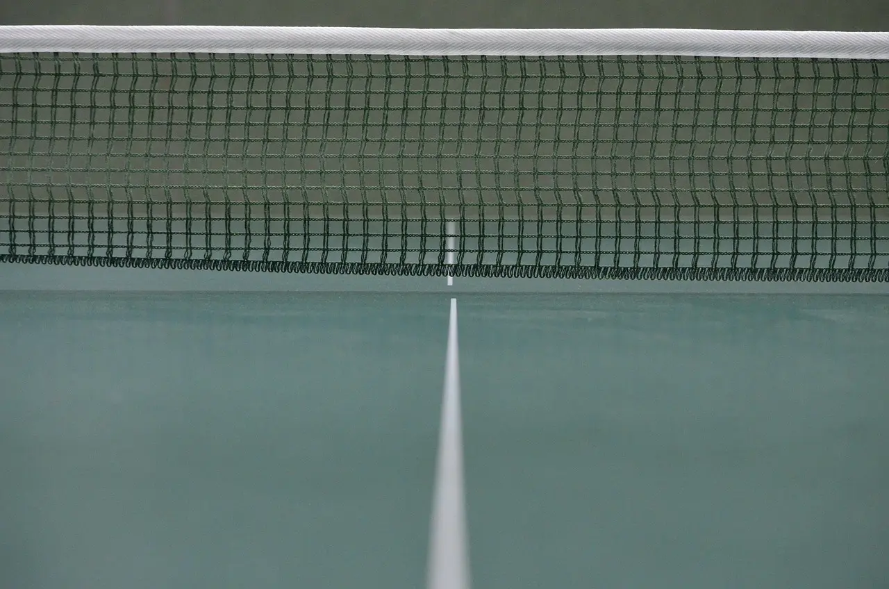 Tæt på bordtennisbord med net og midterlinje