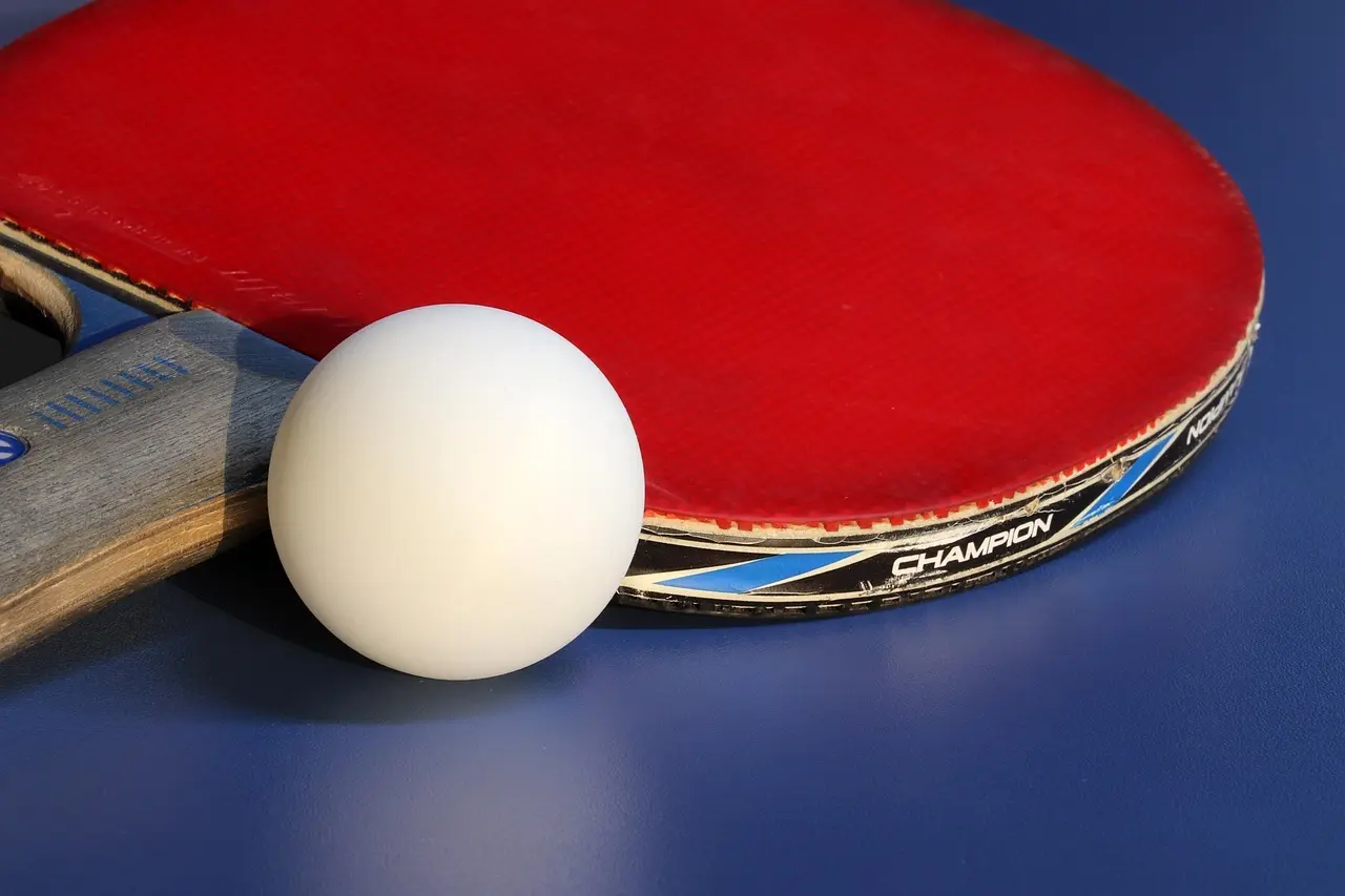 Rødt bordtennisbat og hvid bold